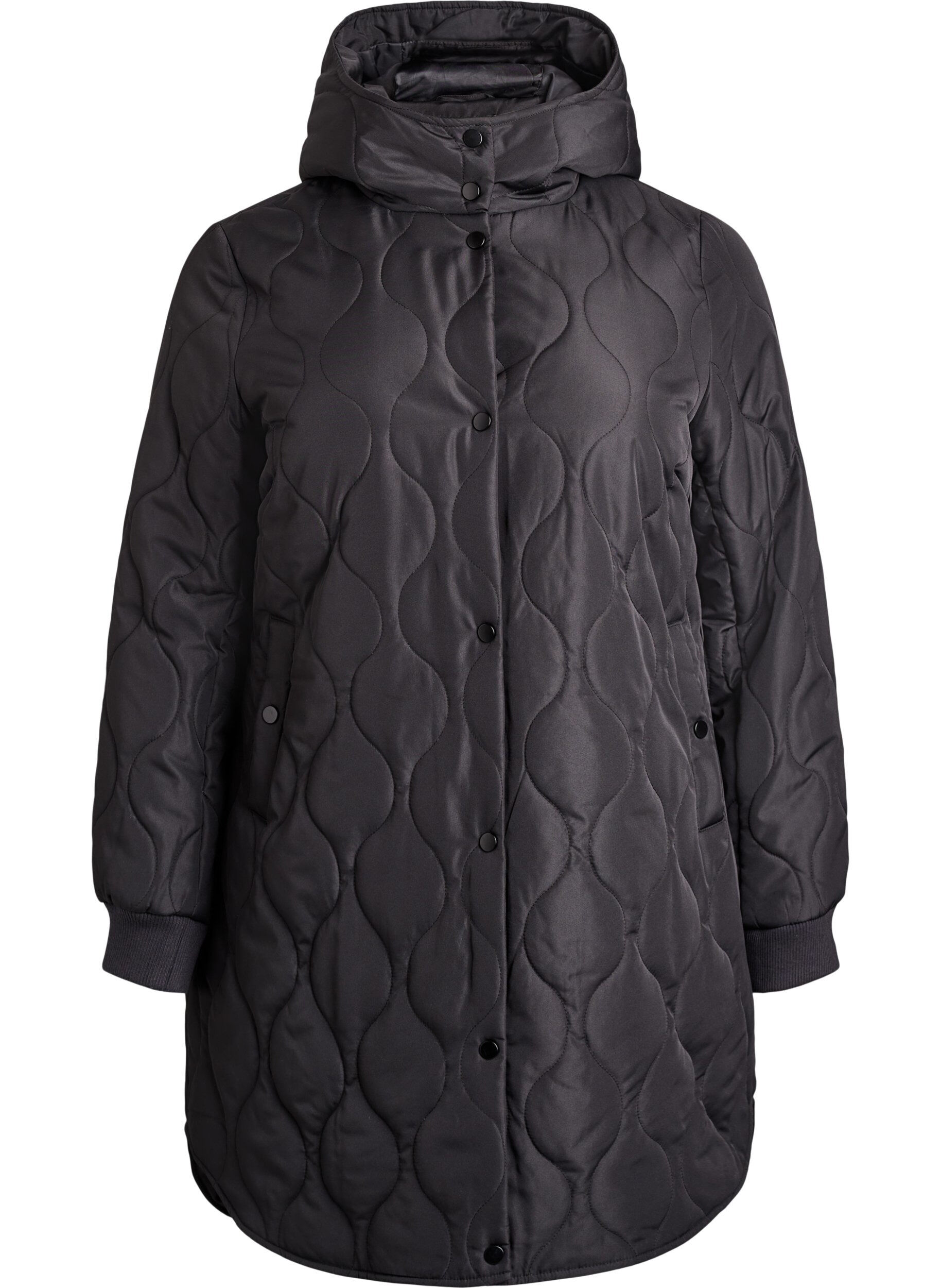 ZizziHalflange gewatteerde jas met een capuchon, Zwart, Packshot image number 0