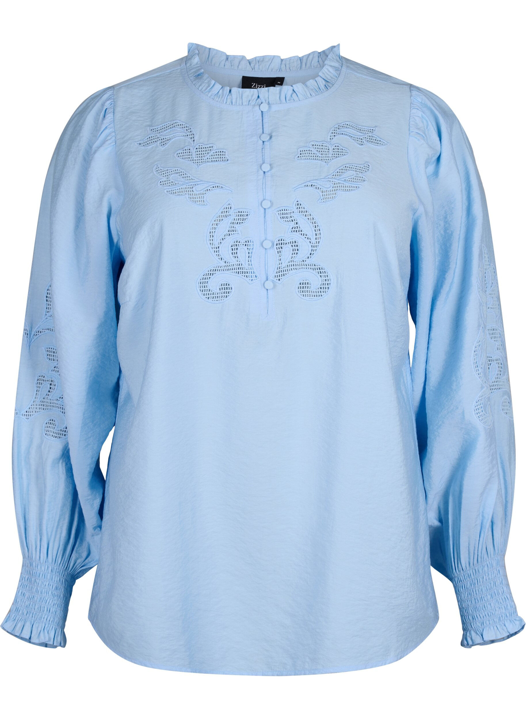 ZizziBlouse met ruches en broderie anglaise, Chambray Blue, Packshot image number 0