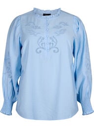 Blouse met ruches en broderie anglaise, Chambray Blue, Packshot