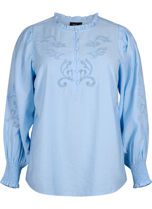 Blouse met ruches en broderie anglaise, Chambray Blue, Packshot image number 0
