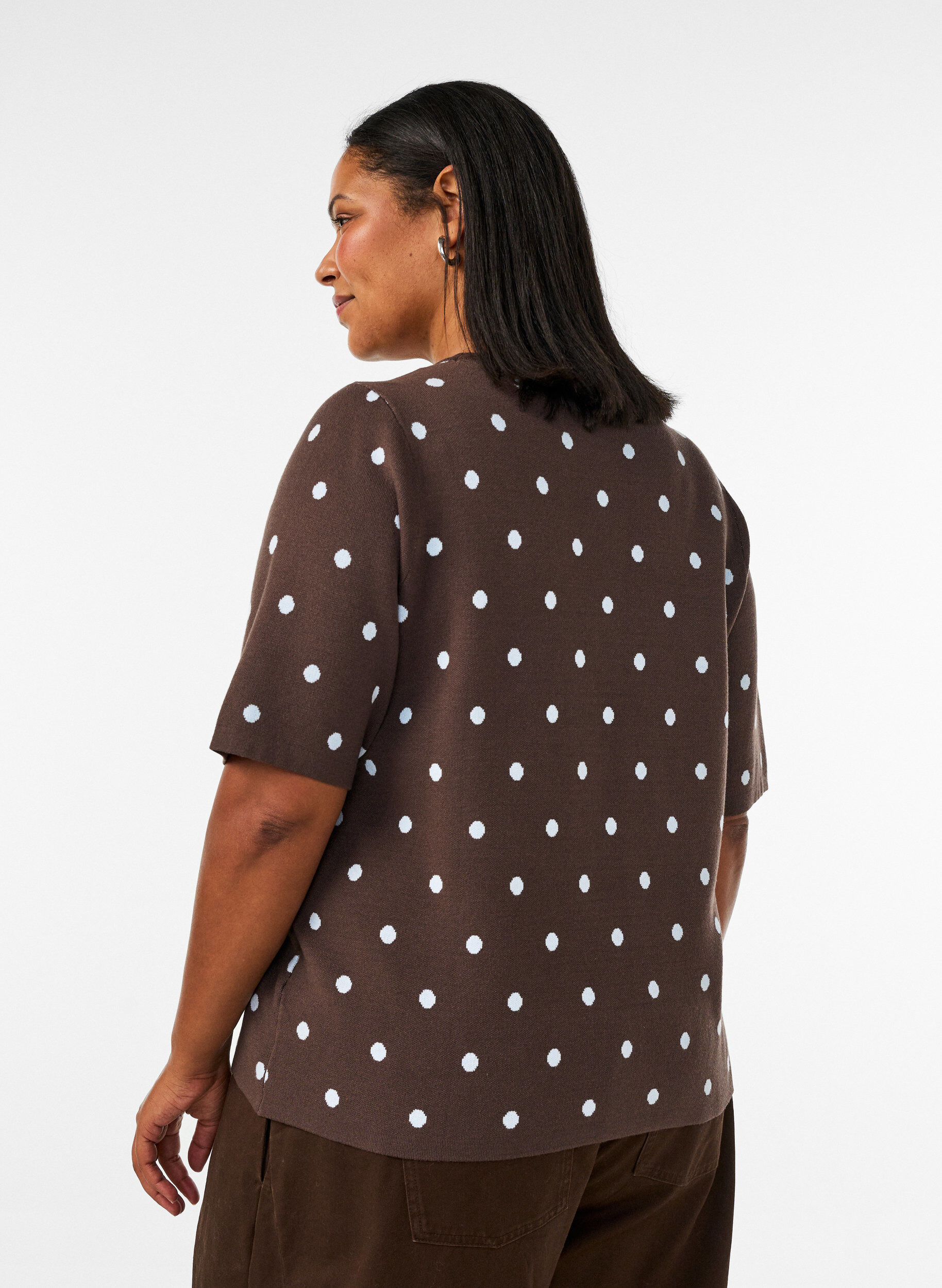 ZizziGebreide blouse met korte mouwen en stippen, Bruin, Model image number 2