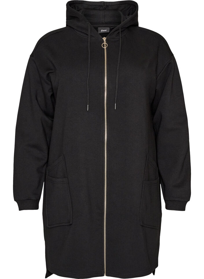 Lang vest met capuchon en ritssluiting, Zwart, Packshot image number 0