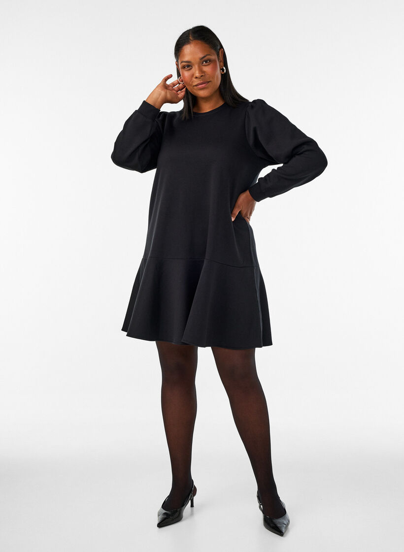 Robe-sweat coupe &eacute;vas&eacute;e avec volants superpos&eacute;s, Noir, Model image number 1