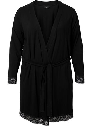 Robe de chambre en viscose avec dentelle, Black, Packshot image number 0