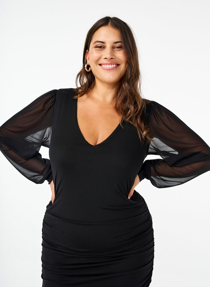 Midi mesh jurk met draperieën, Black, Model image number 2