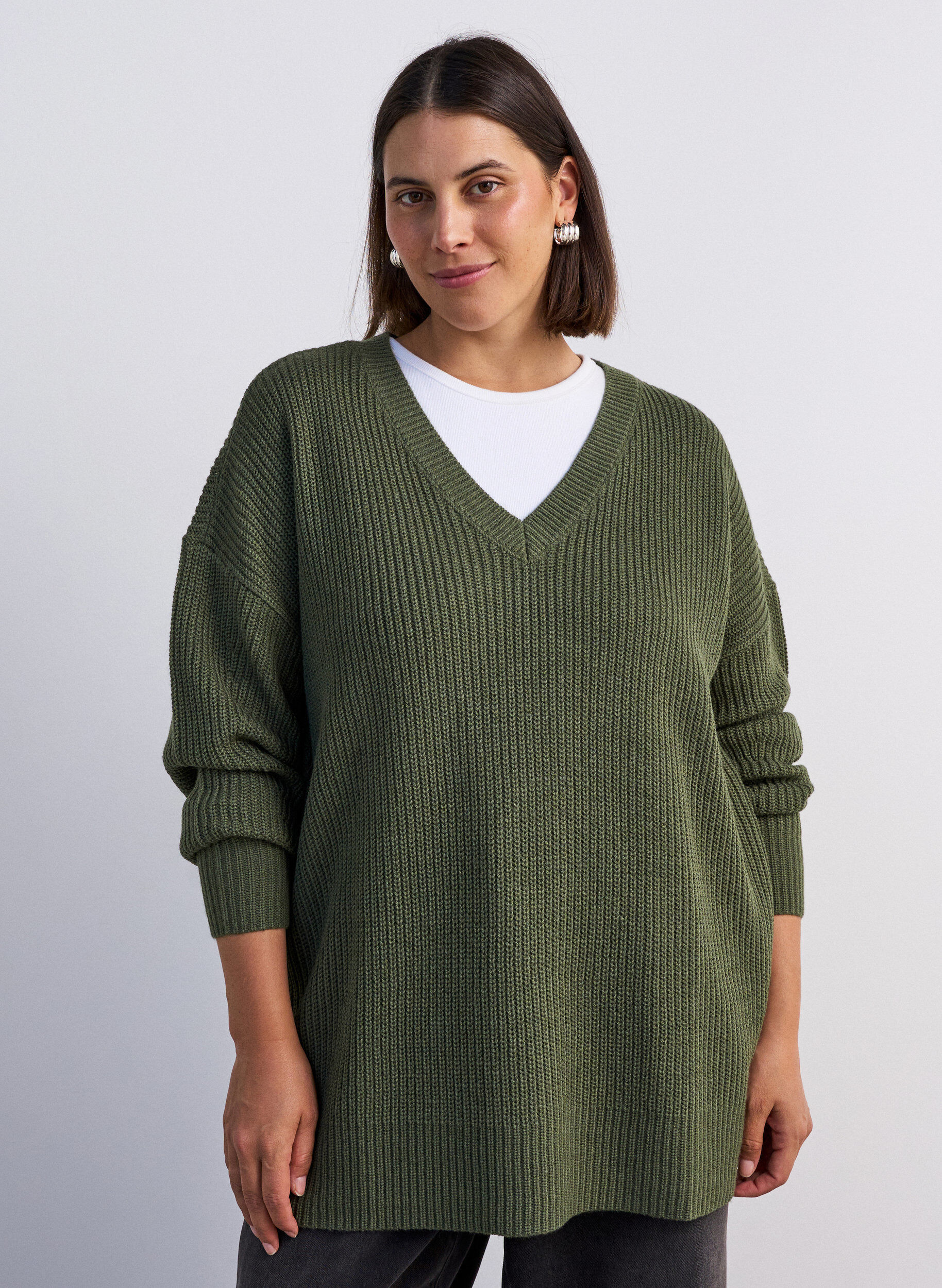 Lange ribgebreide blouse met V-hals, Groen, Model