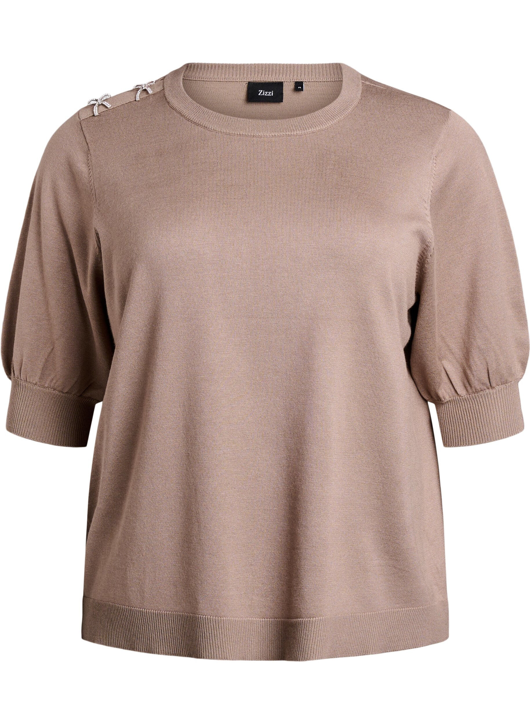 ZizziGebreide blouse met korte mouwen en kleine strikken, Beige, Packshot image number 0