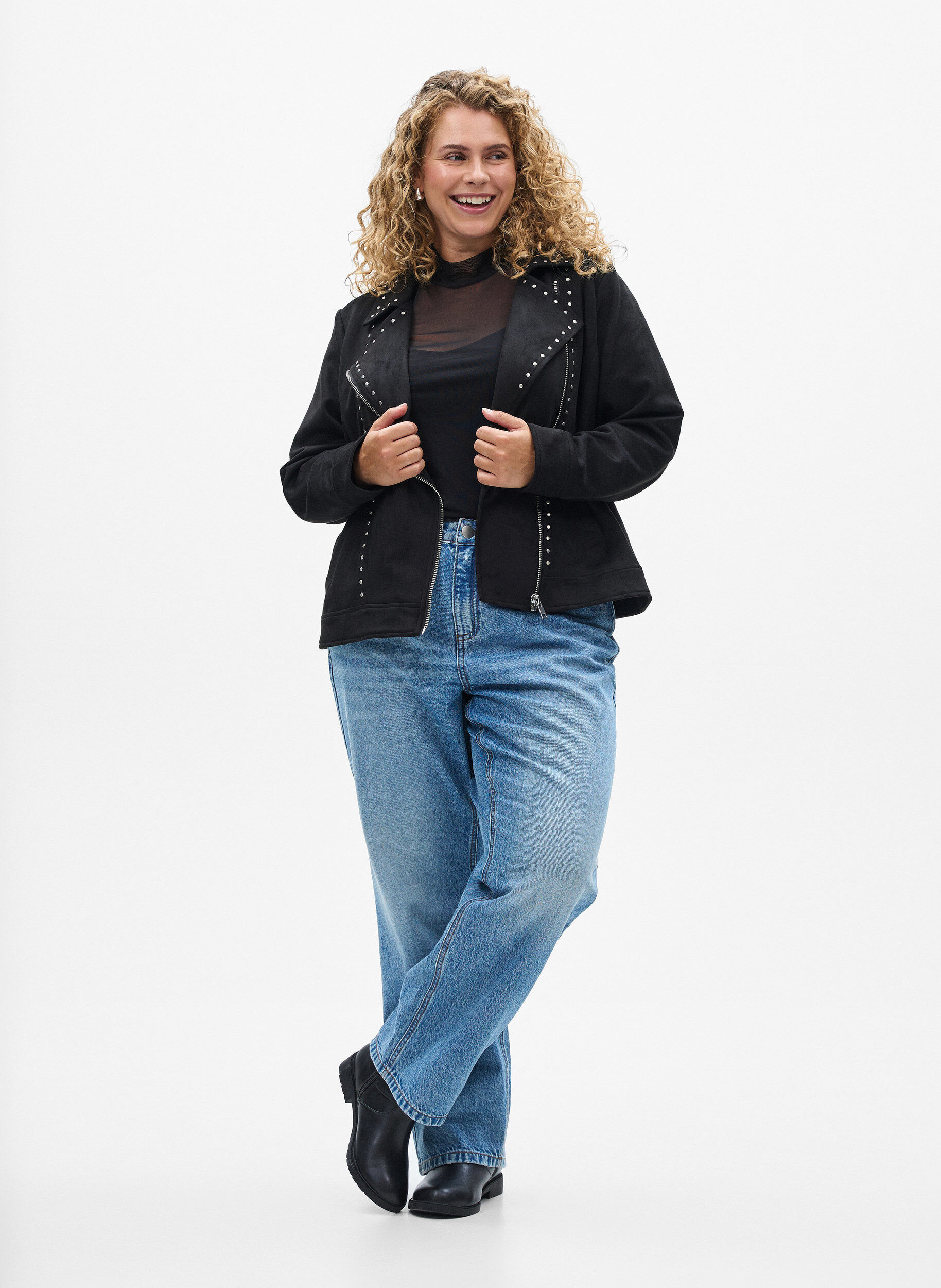 ZizziImitatie su&egrave;de bikerjack met studs, Zwart, Model image number 1