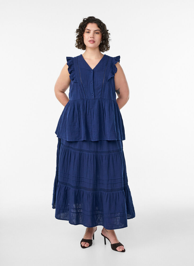 Blouse sans manches en mousseline de coton avec volants, Bleu, Model image number 1