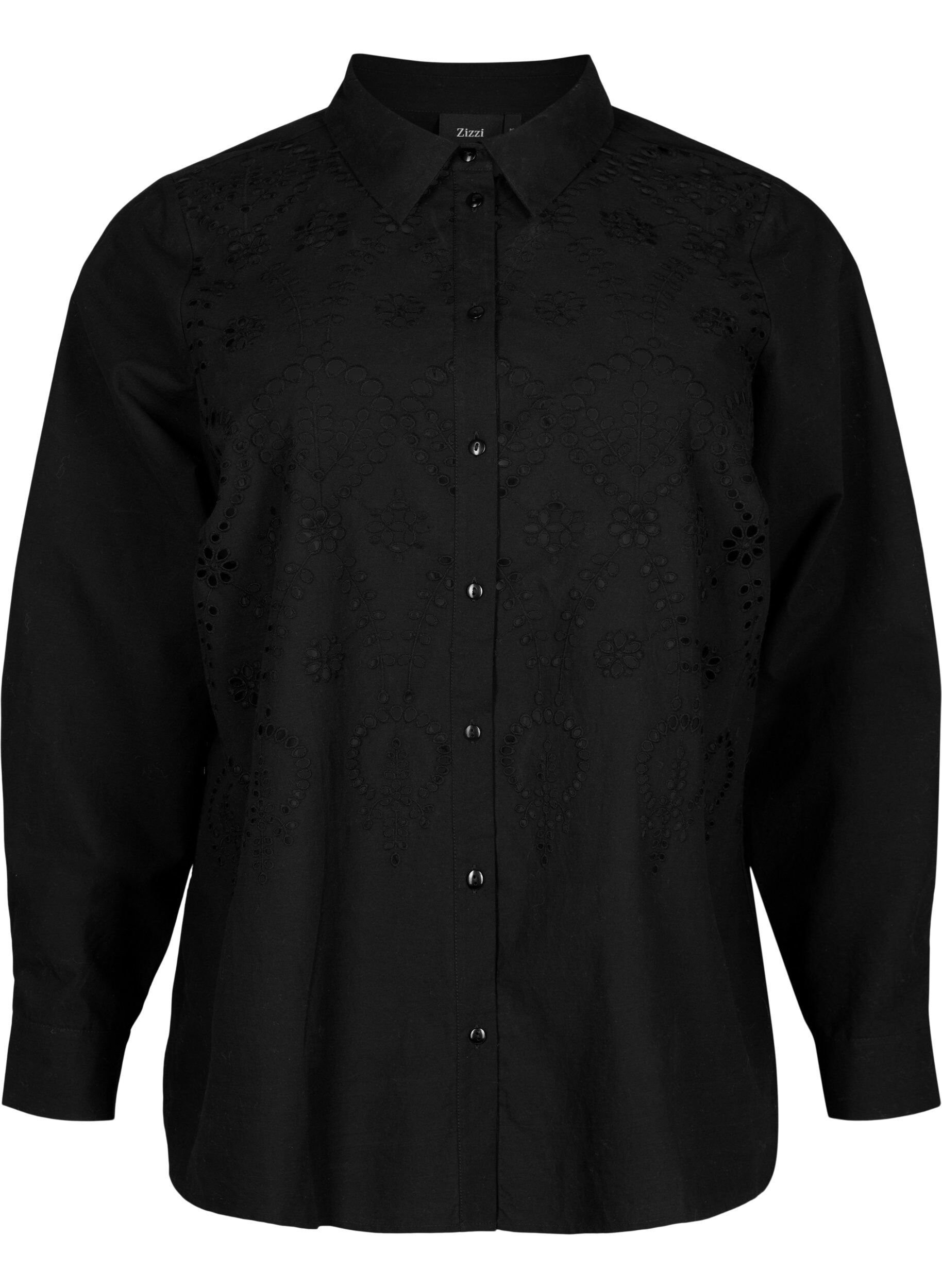 ZizziKatoenen overhemd met broderie anglaise, Black, Packshot image number 0