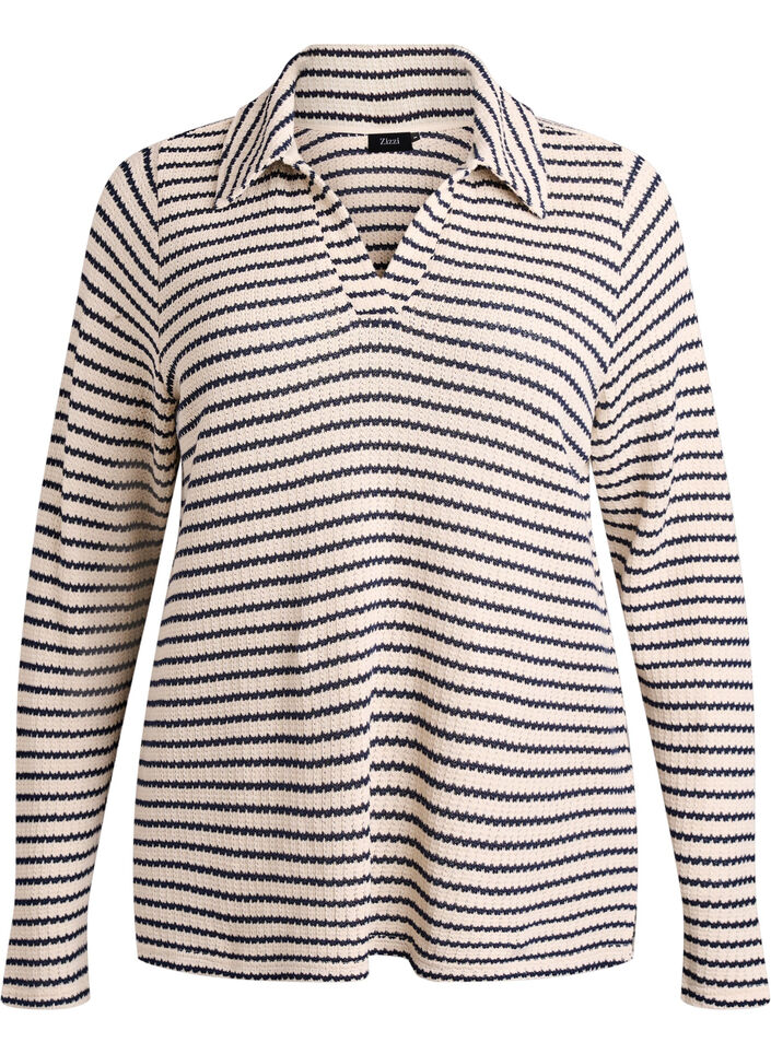 Blouse ray&eacute;e en jersey avec col et d&eacute;collet&eacute; en V, Beige, Packshot image number 0