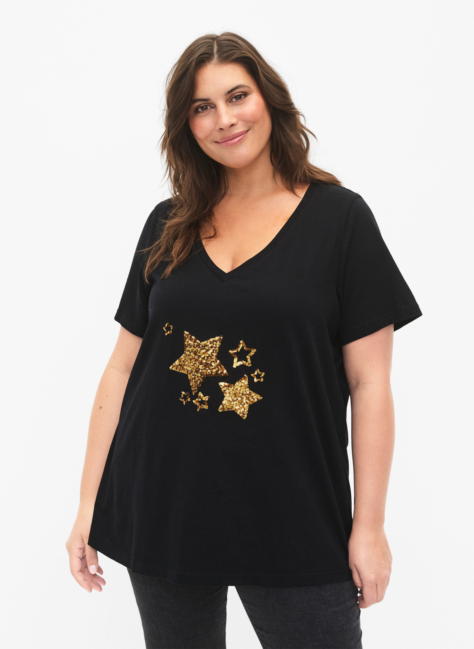 ZizziKatoenen T-shirt met pailletten, Black W. Star, Model image number 0