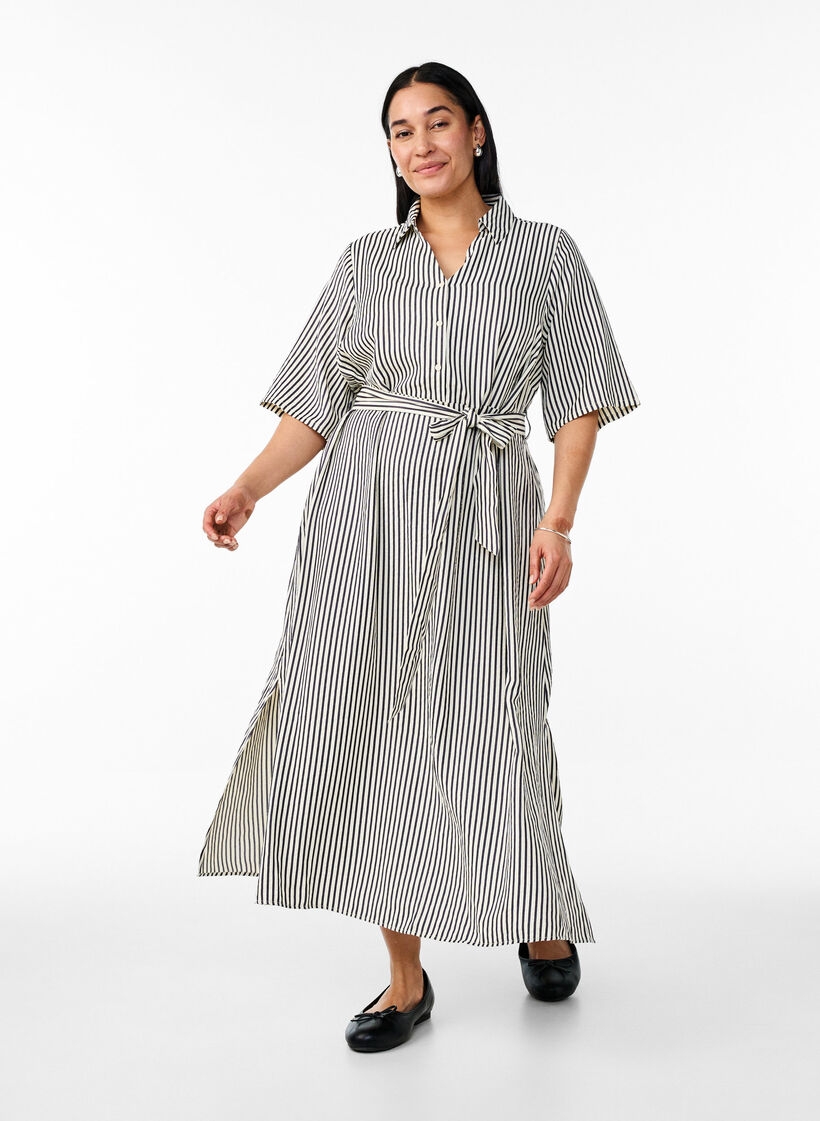 Robe-chemise longue jusqu&rsquo;aux chevilles avec ceinture &agrave; nouer et rayures, Noir, Model image number 0