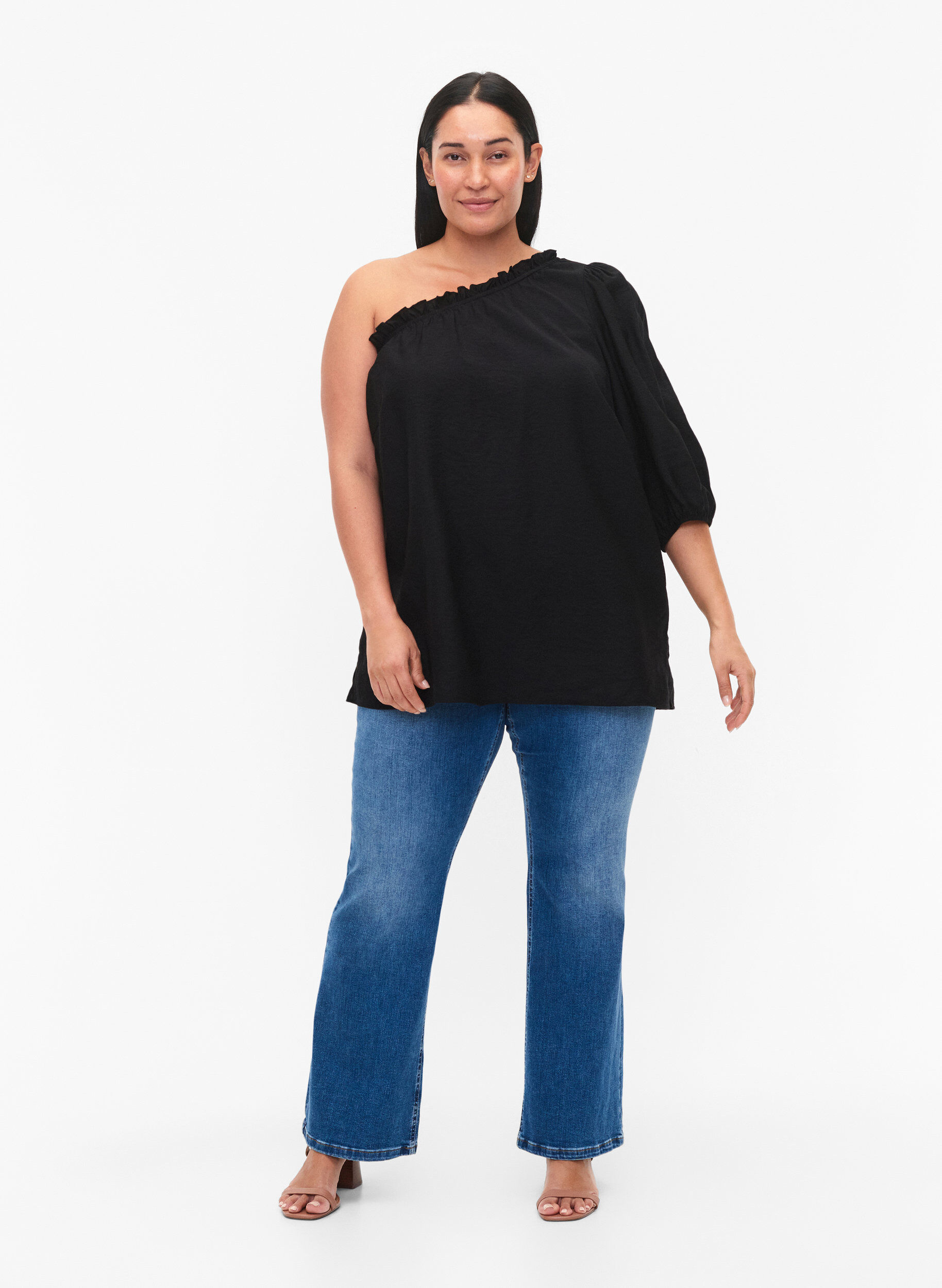 ZizziOne-shoulder blouse in viscose, Zwart, Model image number 1