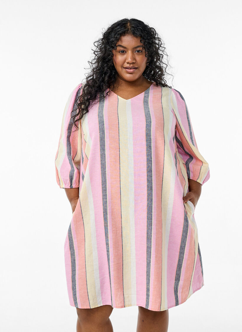 Robes courtes en lin et viscose &agrave; manches 3/4, Jaune, Model image number 0