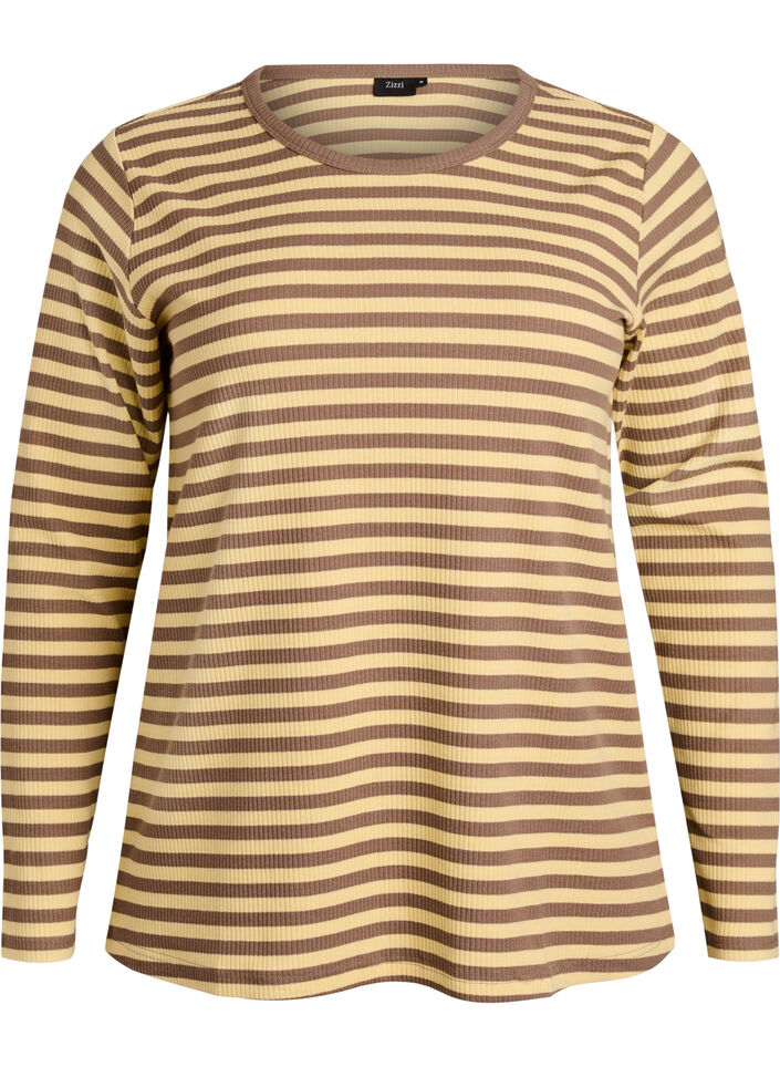 Gestreepte blouse met lange mouwen, Bruin, Packshot image number 0