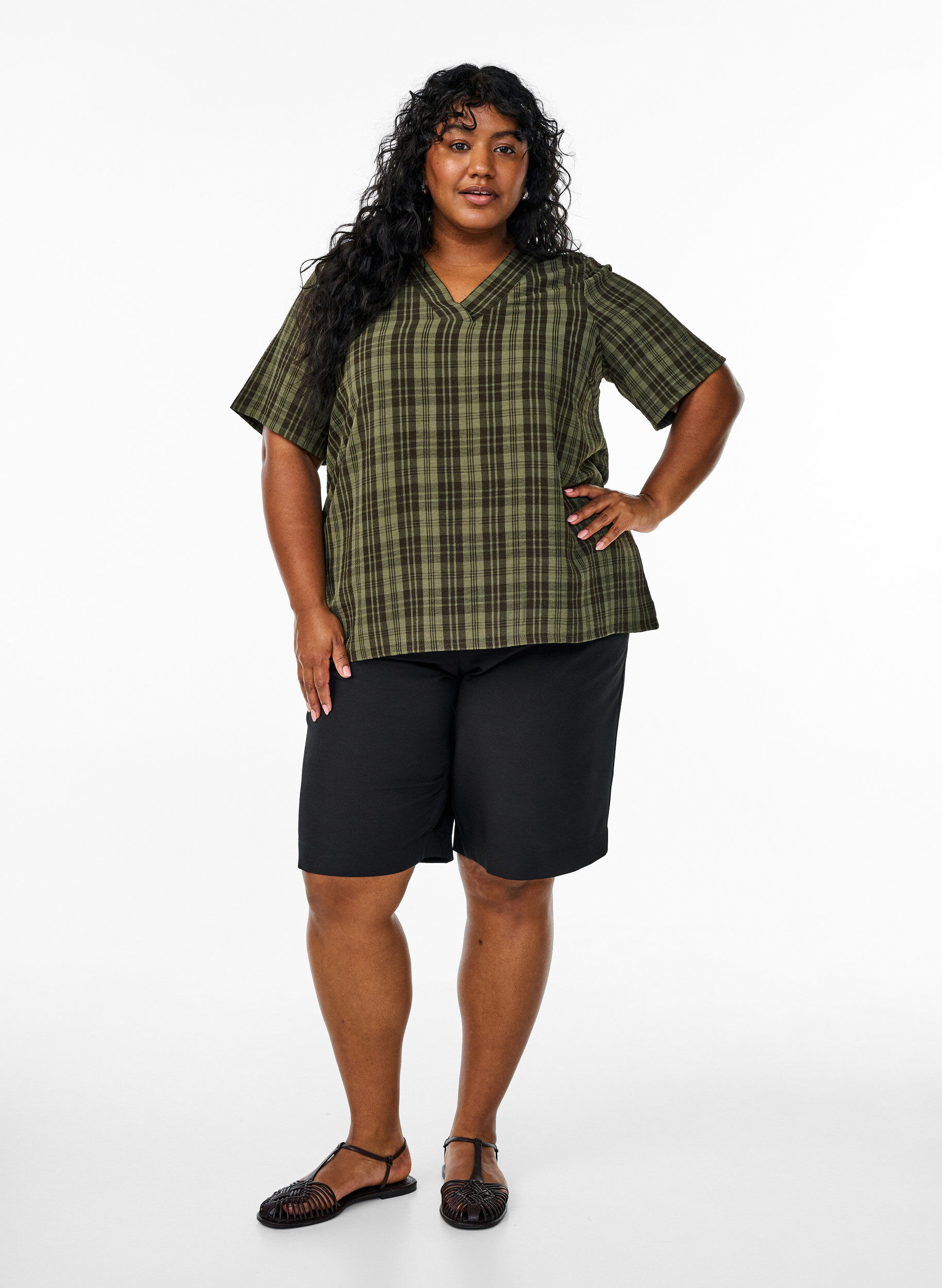 ZizziBlouse met ruitjesmotief en V-hals, Groen, Model image number 1