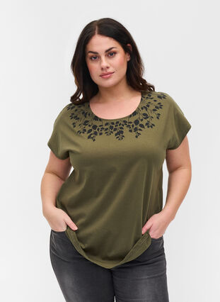 Katoenen t-shirt met print details, Ivy Green Mel Leaf, Model image number 0