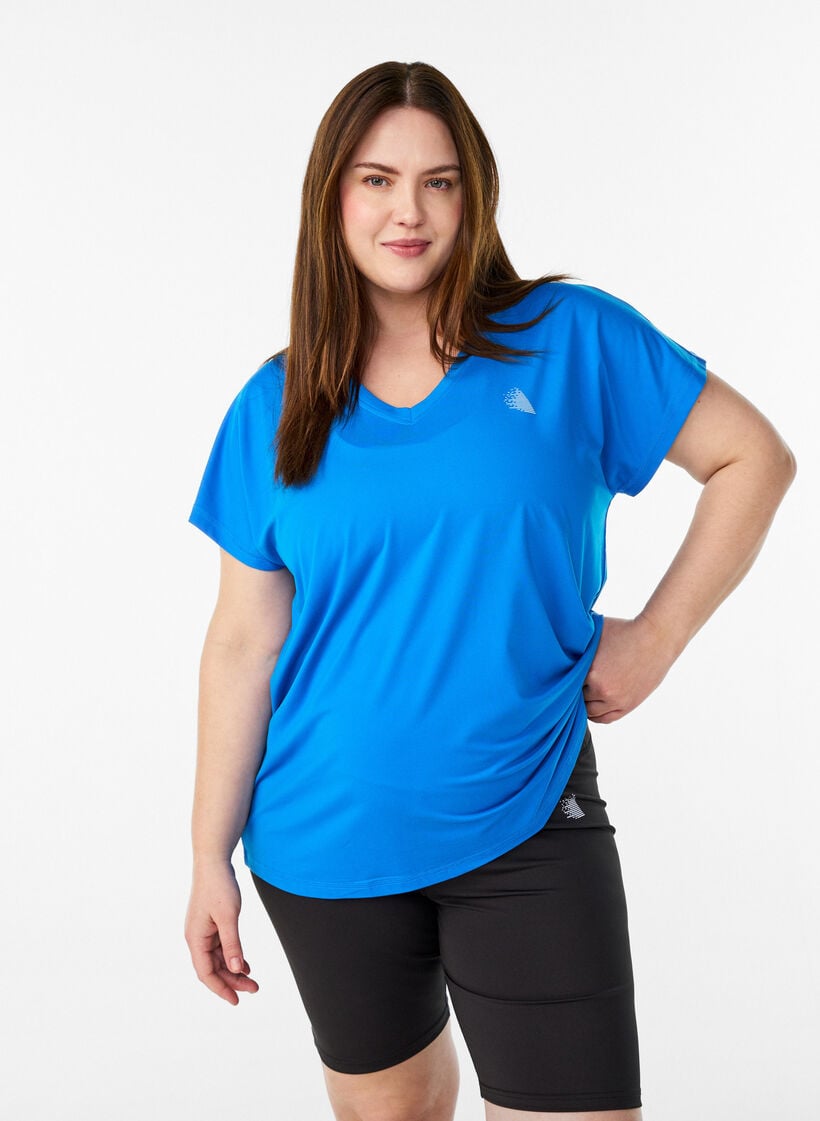 T-shirt ample de sport &agrave; col en V, Bleu, Model image number 0