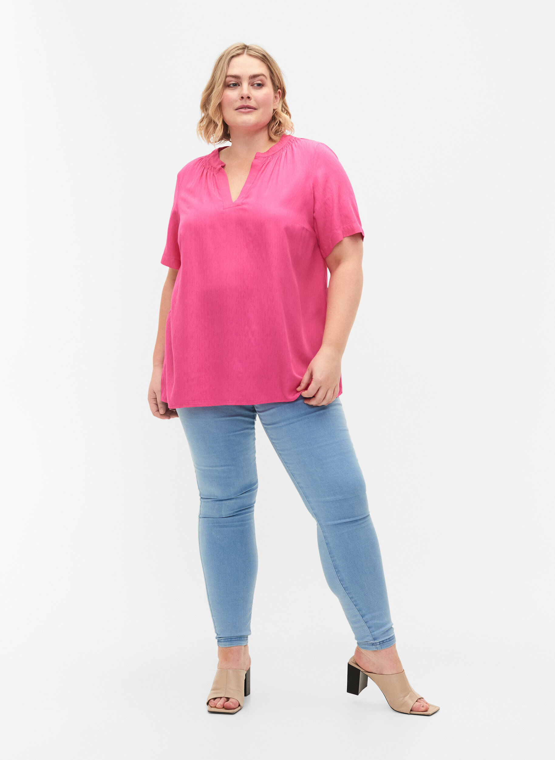 ZizziViscose blouse met korte mouwen en v-hals, Shocking Pink, Model image number 2
