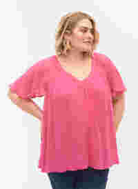 Effen blouse met vleermuismouwen en v-hals, Shocking Pink, Model