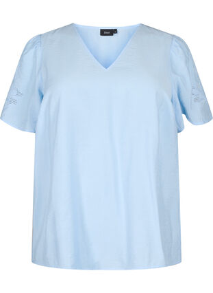 Viscose blouse met korte mouwen en borduursel, Chambray Blue, Packshot image number 0