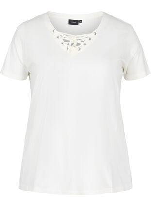 T-shirt en coton bio avec détail dentelle, Warm Off-white, Packshot image number 0