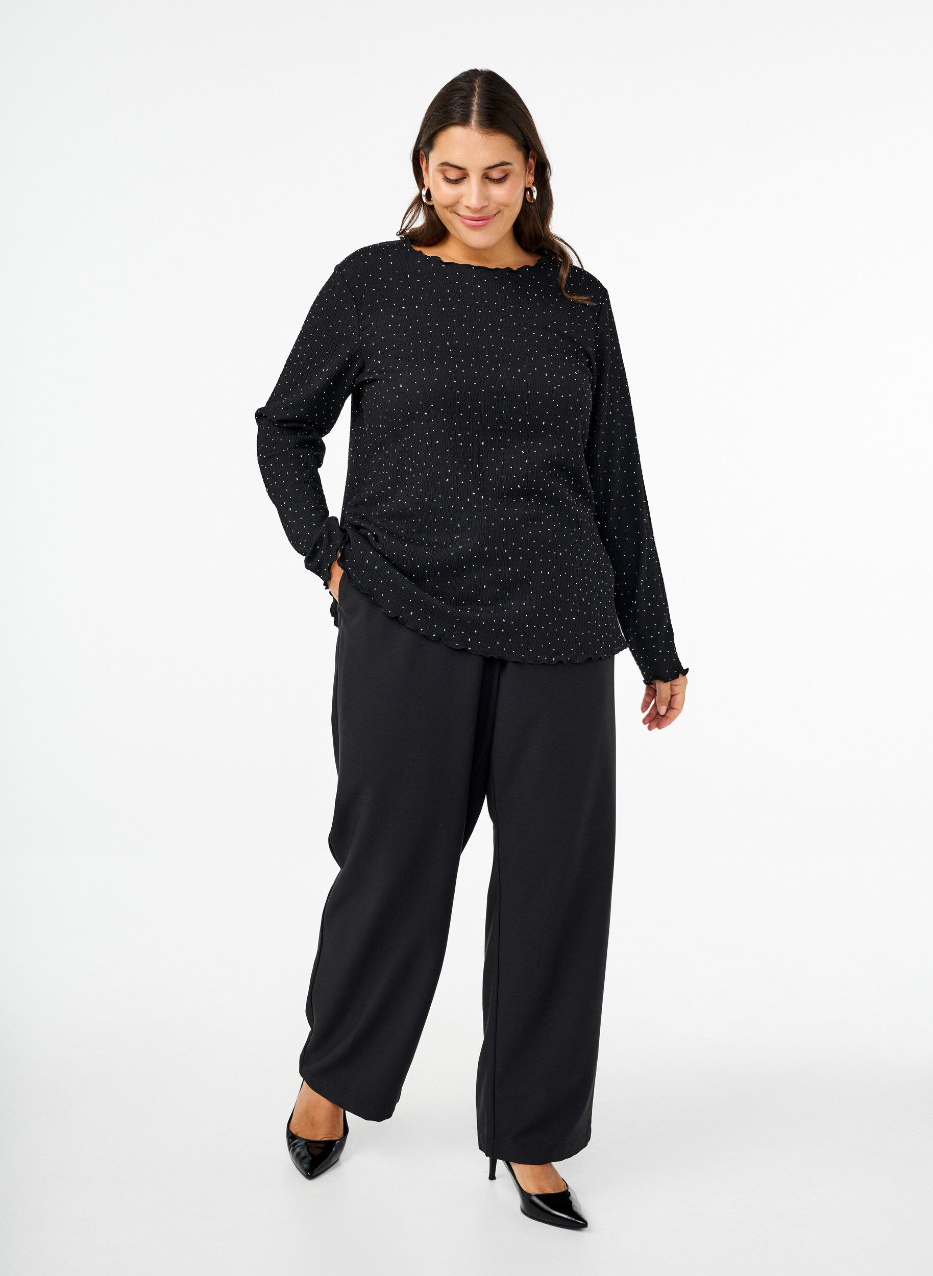 ZizziBlouse met lange mouwen en strassstenen, Zwart, Model image number 1