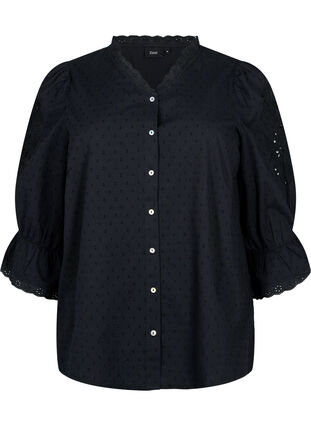 Gestructureerde hemdblouse met anglaise borduurwerk, Black, Packshot image number 0