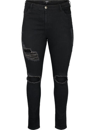 Strakke jeans met slijtagedetails, Black, Packshot image number 0