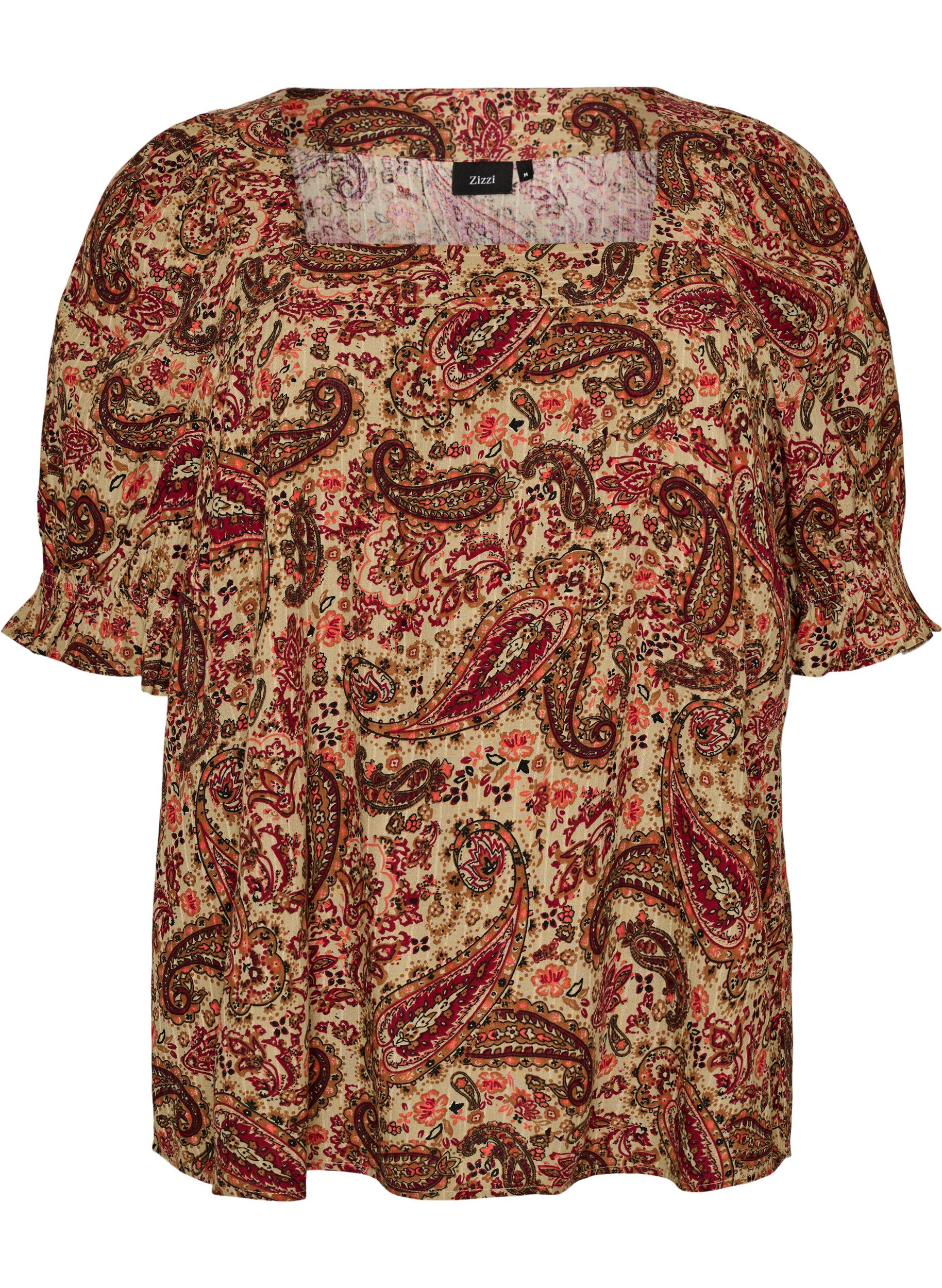ZizziViscose blouse met paisleymotief en een vierkante halslijn, Bruin, Packshot image number 0