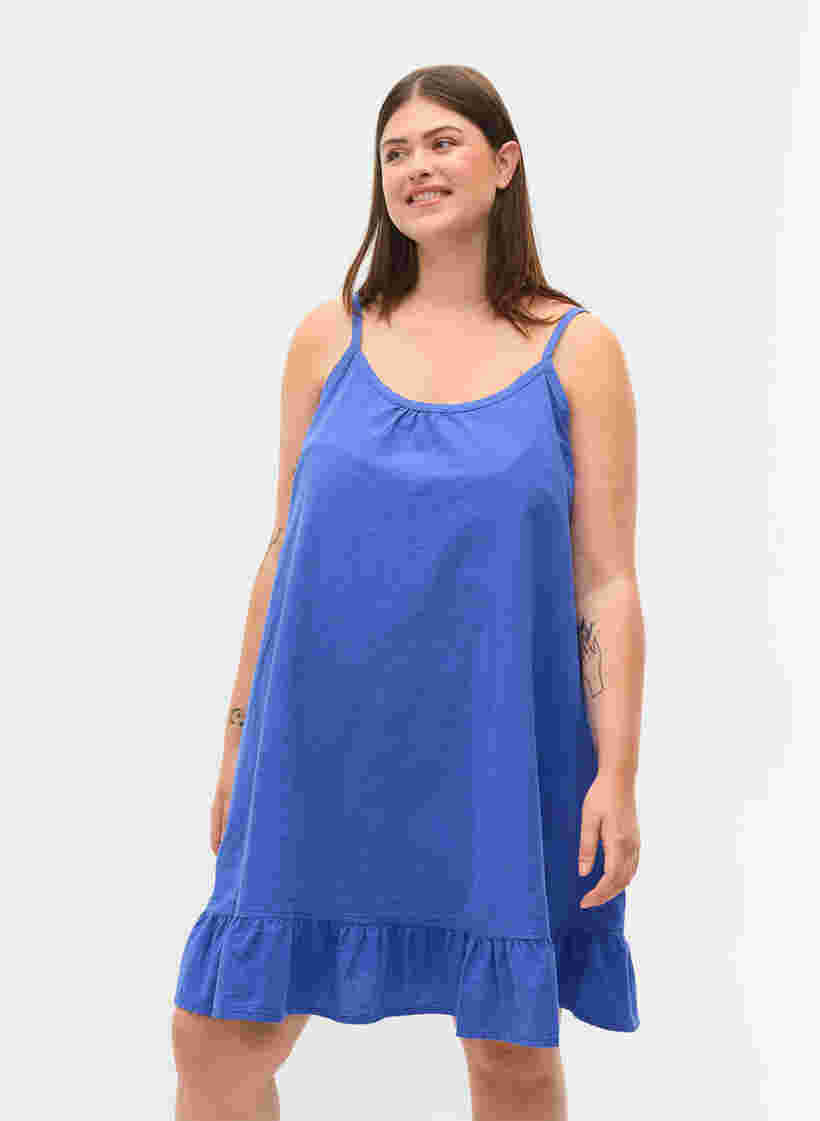 Robe en coton à fines bretelles et forme trapèze , Dazzling Blue, Model image number 0