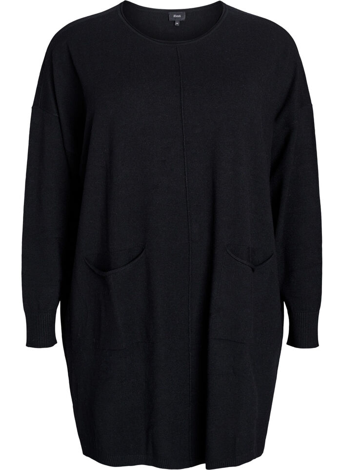 Korte gebreide jurk met middennaad en zakken, Zwart, Packshot image number 0