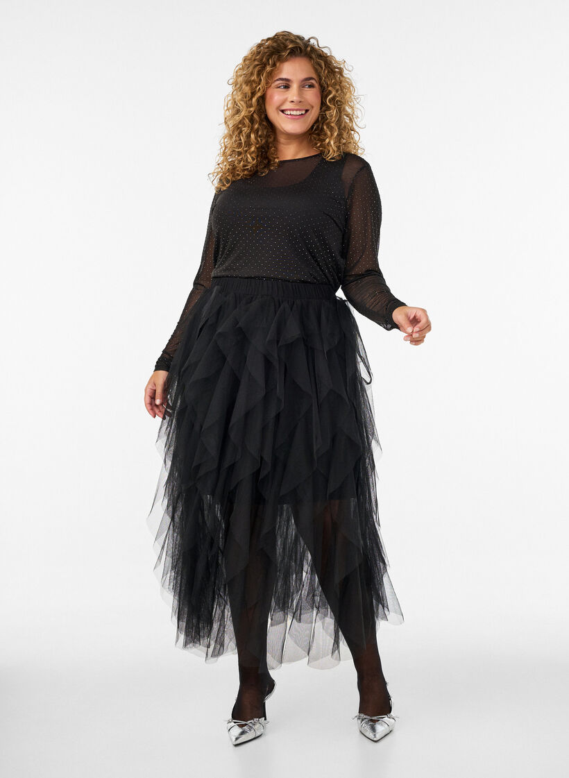 Blouse en maille transparente avec strass, Noir, Model image number 1