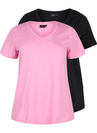 Set van 2 basic t-shirts in katoen, Rosebloom / Black, Packshot image number 0