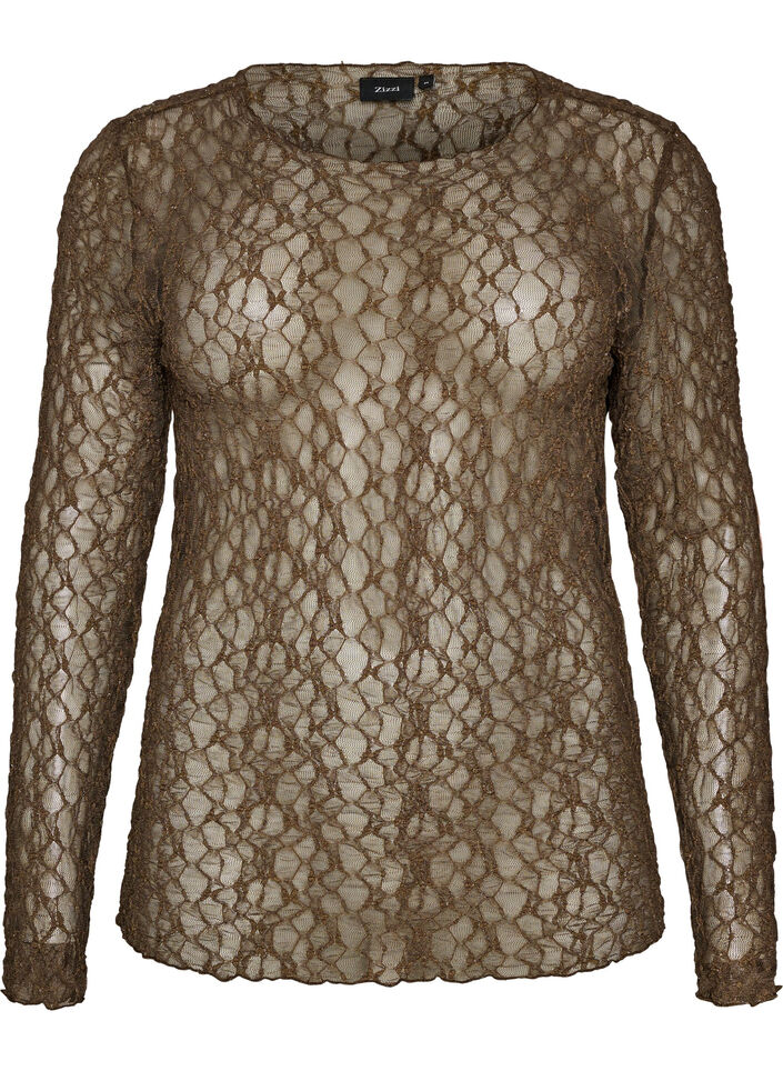 Mesh blouse met patroon en glittergaren, Bruin, Packshot image number 0