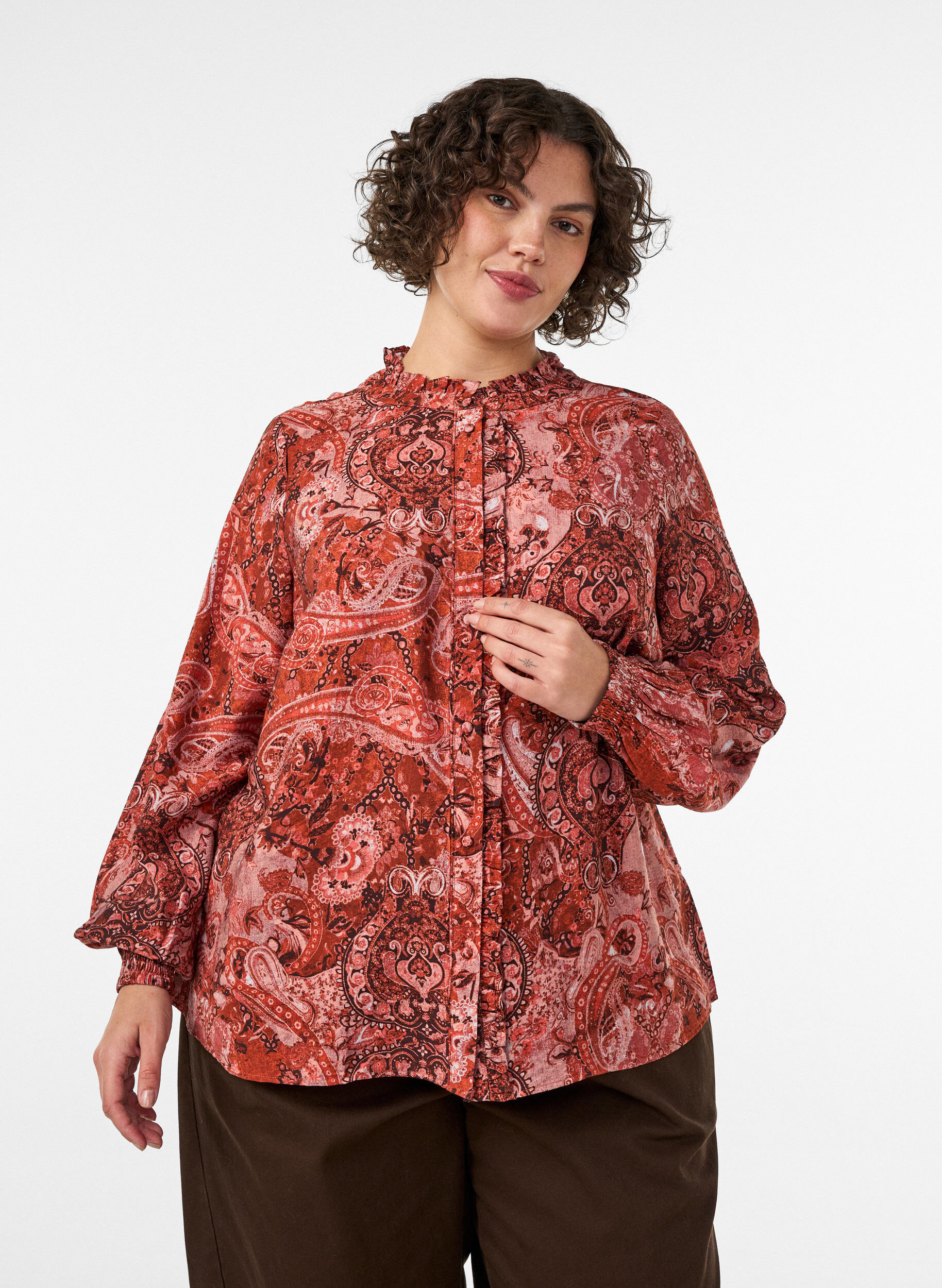 ZizziViscose blouse met paisleyprint en ruches, Oranje, Model image number 0