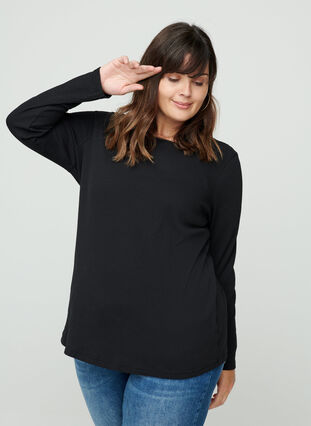 Geribbelde blouse met lange mouwen en ronde hals, Black, Model image number 0
