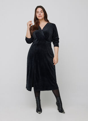 Midi-jurk in velours met lange mouwen, Black, Model image number 2
