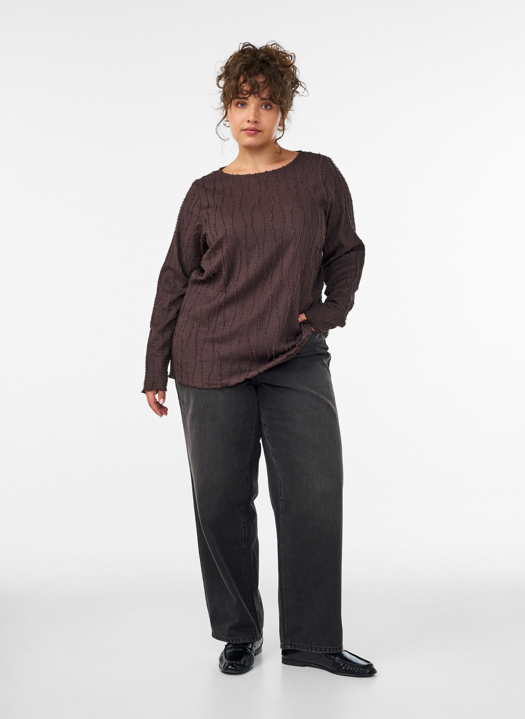 ZizziJersey blouse met een golvende textuur, Bruin, Model image number 1