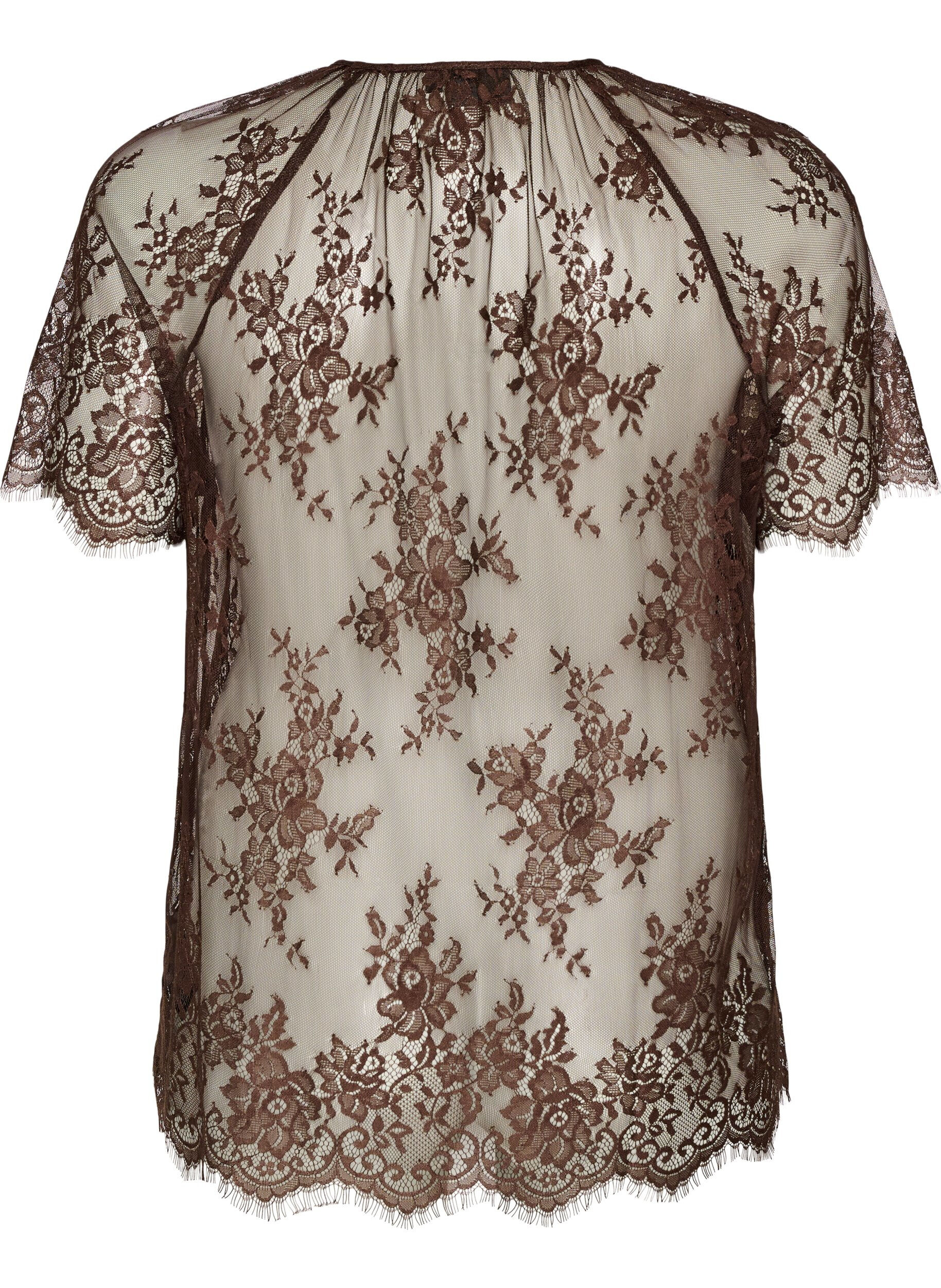 ZizziKorte mouwen kanten blouse met striksluiting, Bruin, Packshot image number 1
