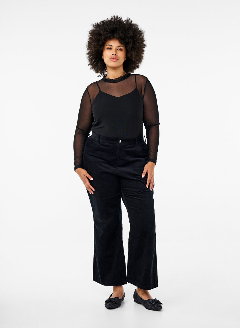 Getailleerde blouse van mesh met lange mouwen, Zwart, Model image number 1
