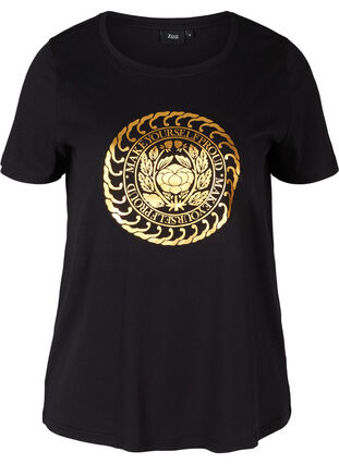 Katoenen t-shirt met goudkleurig print, Black, Packshot image number 0
