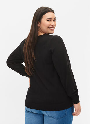 Pull en tricot de couleur unie avec nervures, Black, Model image number 1