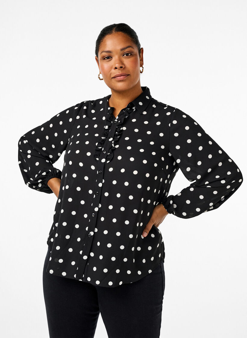 Gestippeld shirt met ruches, Black W. White Dot, Model image number 0