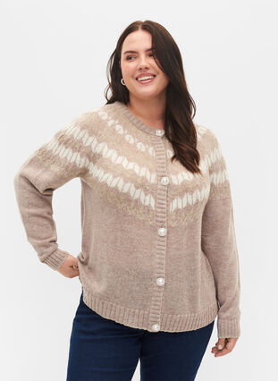 Cardigan en maille à motifs, Simply Taupe Comb, Model image number 0