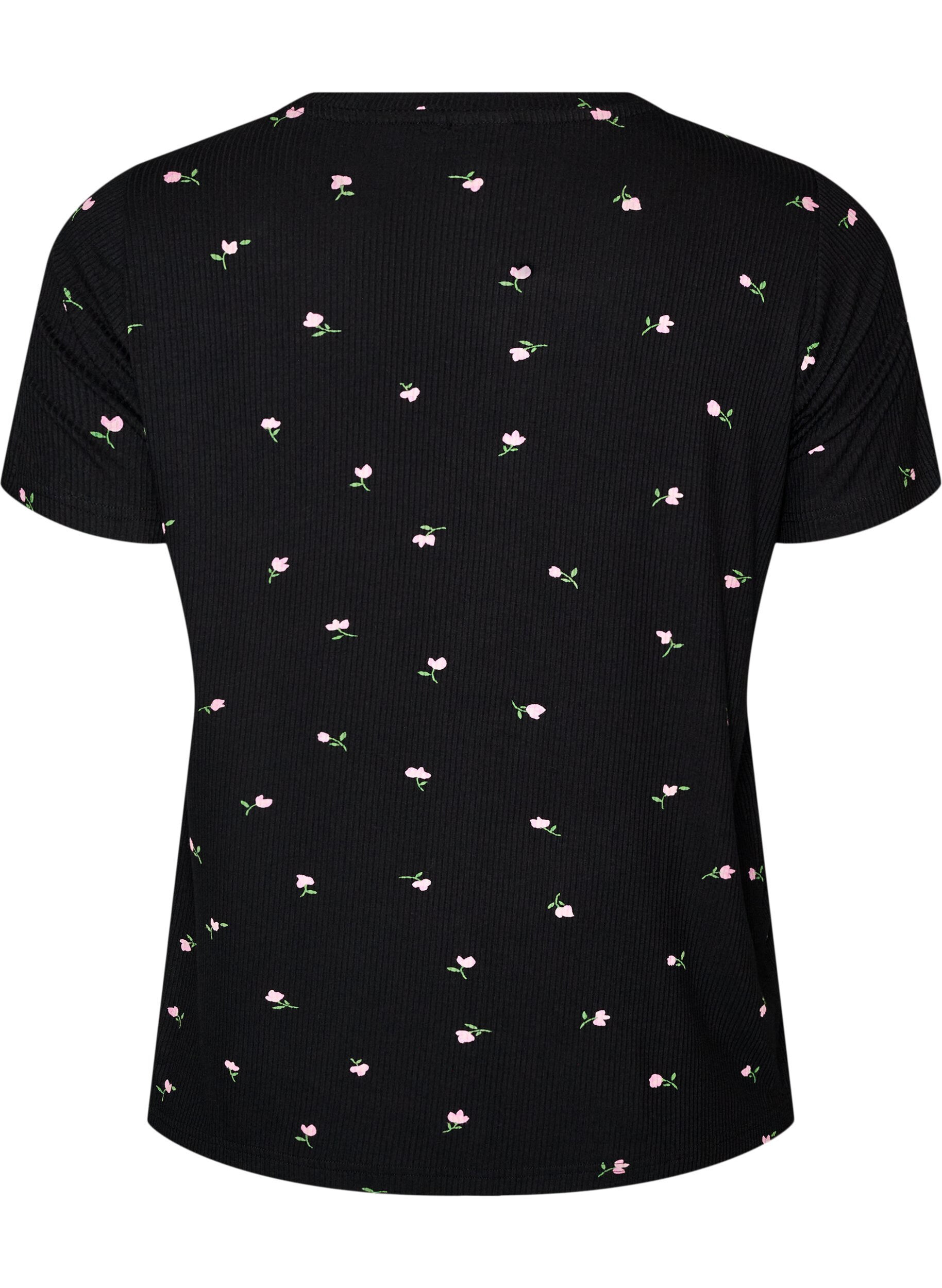 ZizziPyjama top met bloemenprint en geribde textuur, Zwart, Packshot image number 1