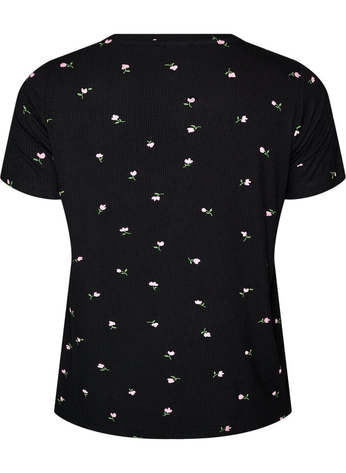 Pyjama top met bloemenprint en geribde textuur, Zwart, Packshot image number 1