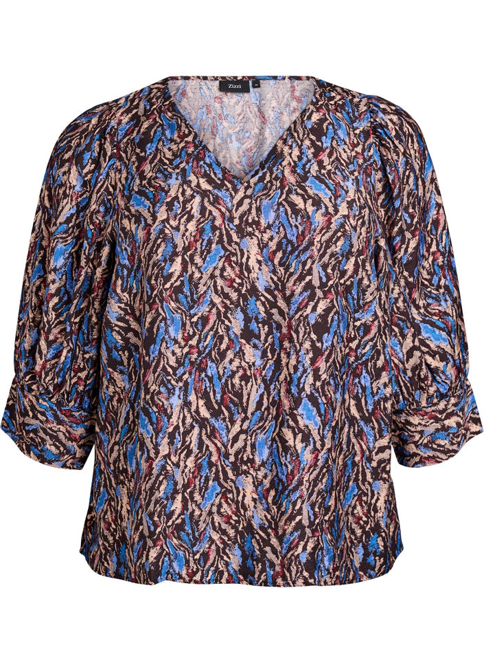 Blouse avec col en V et manches 3/4, Bleu, Packshot image number 0