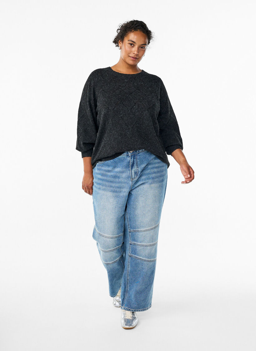 Haut en maille à motif ajouré et manches ballon, Gris anthracite, Model image number 1